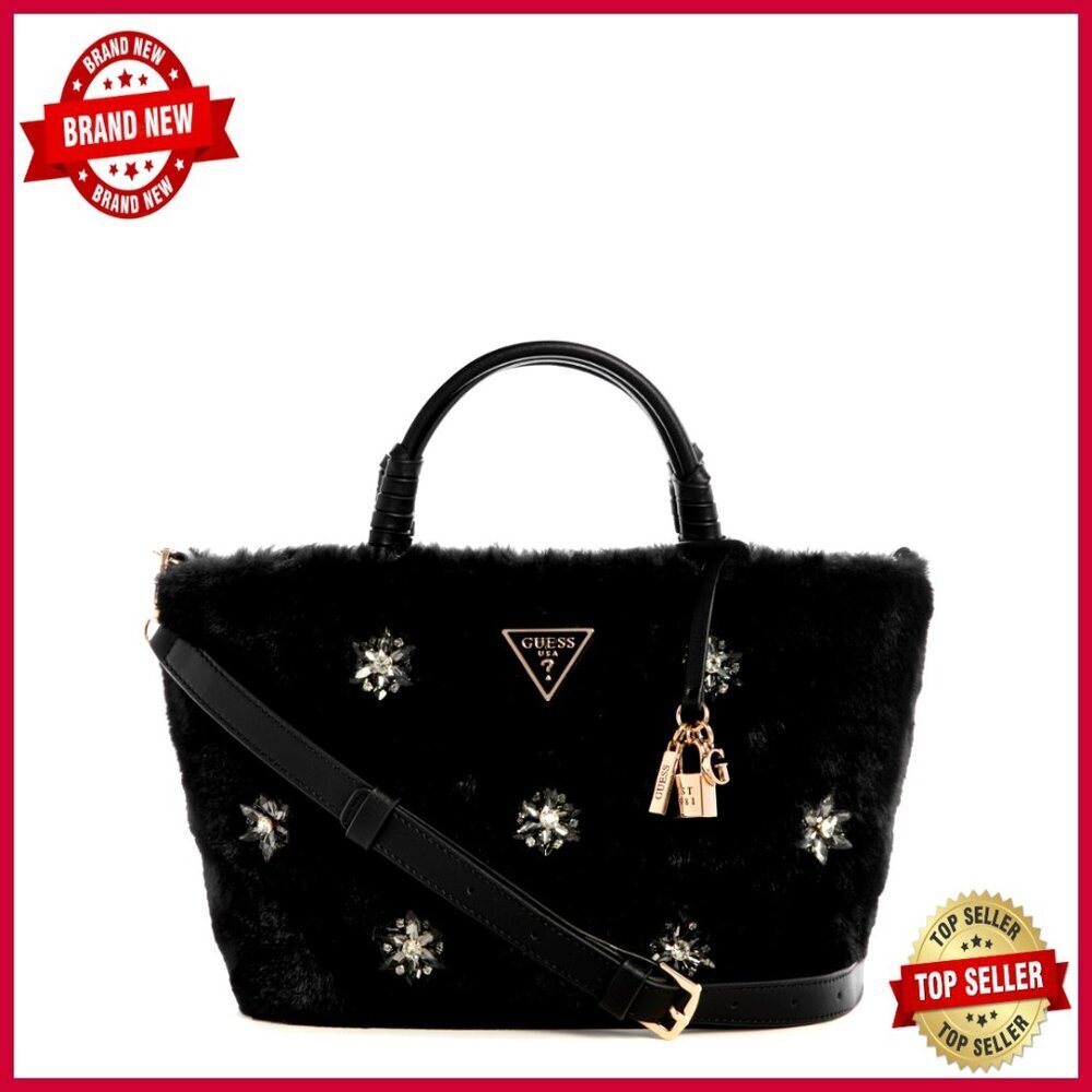 Faux Fur Tote with Rhinestones, Detachable Crossbody Strap, Gold Hardware